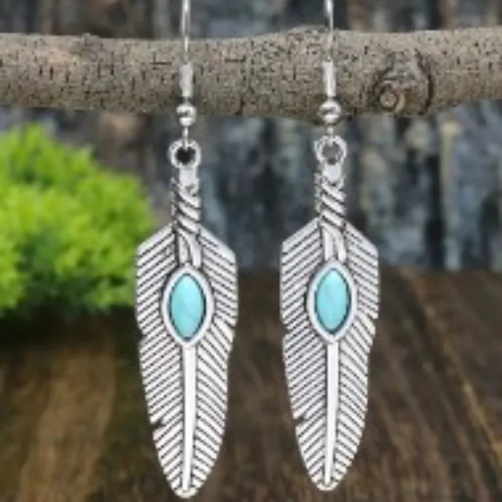 2 pairs! Unisex Retro Feather Design Earrings Turquoise Vintage, Tribal, Boho